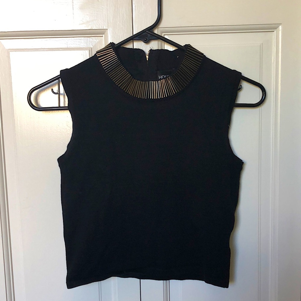 Black cropped sleeveless top with metallic collar (House of Three size 6)